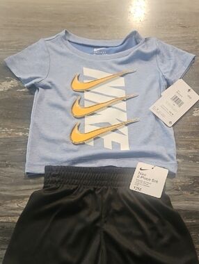 Nike Light Blue Tee with Yellow Swoosh & Black Shorts Set